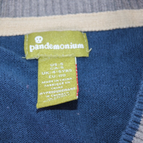 PANDEMINIUM Grey Blue Striped Cardigan Sweater Back Graphic Elbow Patches - Picture 2 of 5